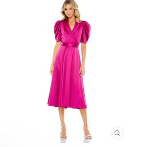 MAC DUGGAL satin lapel, puff sleeve, tea length dress